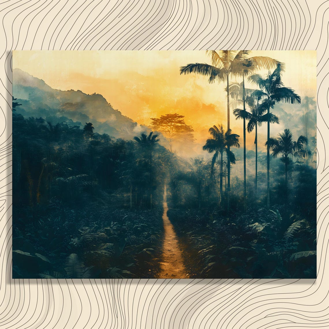 Tropical Rainforest Path Canvas Wall Art Misty Palm Trees Sunrise Landscape With Warm Light And Mountains Lush Jungle Trail Decor Print