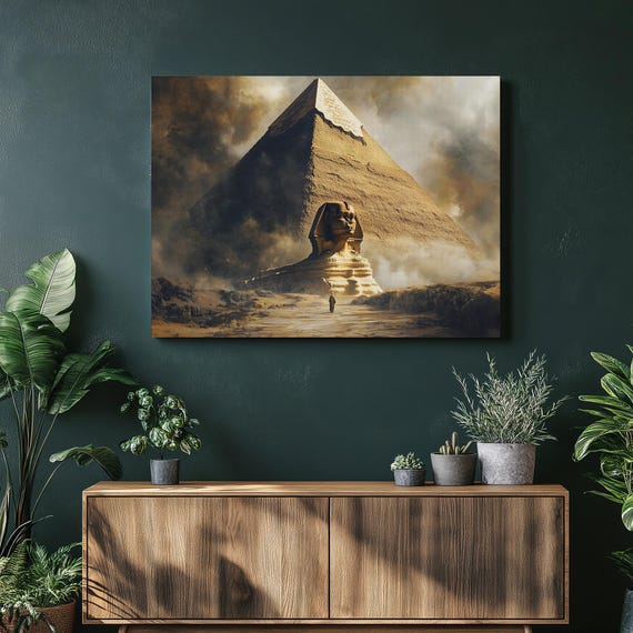 Egypt Sphinx Pyramid Canvas Wall Art Dramatic Desert Monument Scene With Great Of Giza And Lone Traveler Ancient History Decor