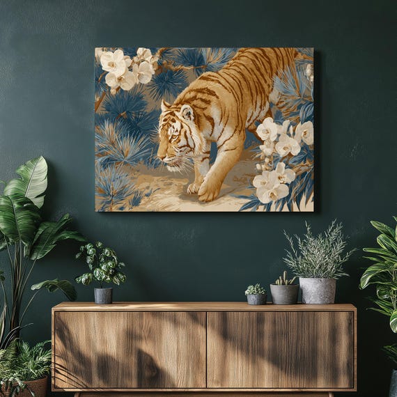 Modern Tiger Canvas Wall Art Botanical Wildlife Print Blue Pine Branches And White Orchids Contemporary Animal Illustration Nature Decor