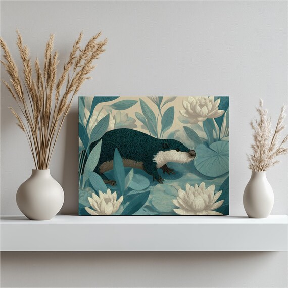 River Otter Among Lily Pads Botanical Illustration Art Poster