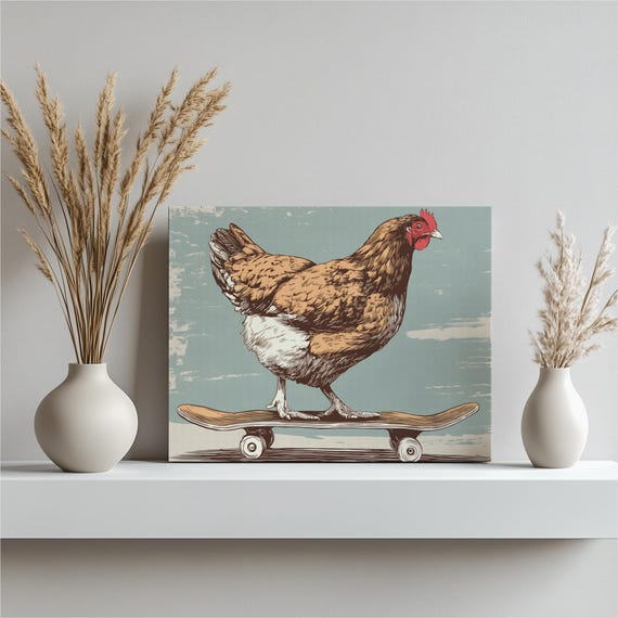 Chicken On Skateboard Canvas Wall Art Retro Farmhouse Decor Whimsical Print Rustic Barnyard Illustration Vintage Engraving
