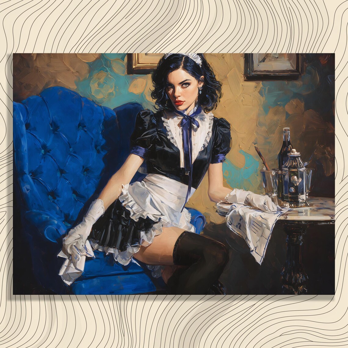 French Maid Portrait Blue Velvet Chair Vintage Oil Painting Poster