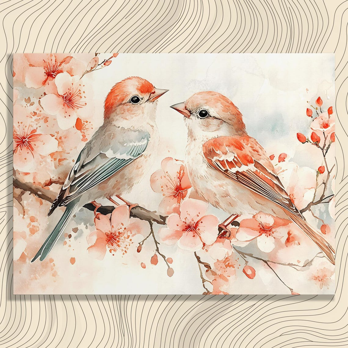 Cherry Blossom Finch Watercolor Poster Romantic Birds Spring Art Decor