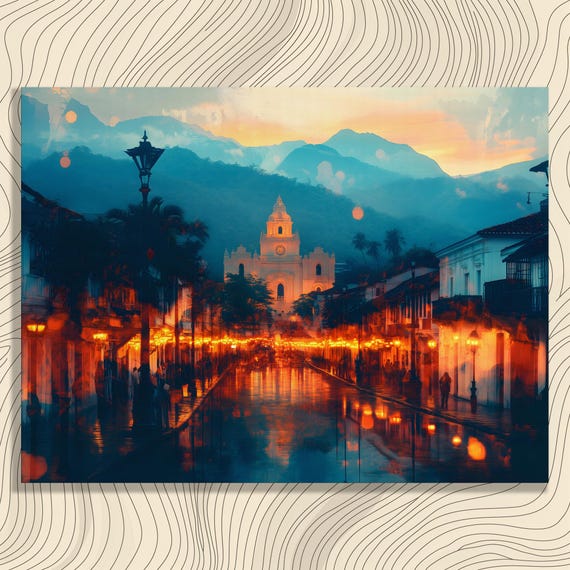 Colonial Sunset Canvas Wall Art Colorful Church And Mountain Street Landscape Print Painting Decor Gift For Enthusiasts Travelers