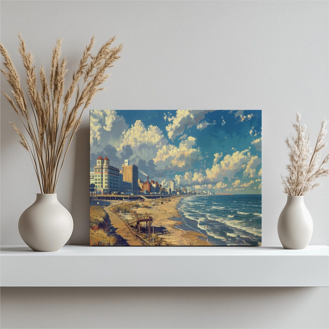 Vintage Beach Boardwalk Cityscape Ocean Waves Nostalgic Seaside Poster