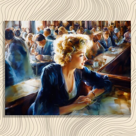 Retro Cafe Scene Watercolor Woman Coffee Bar Painting Poster