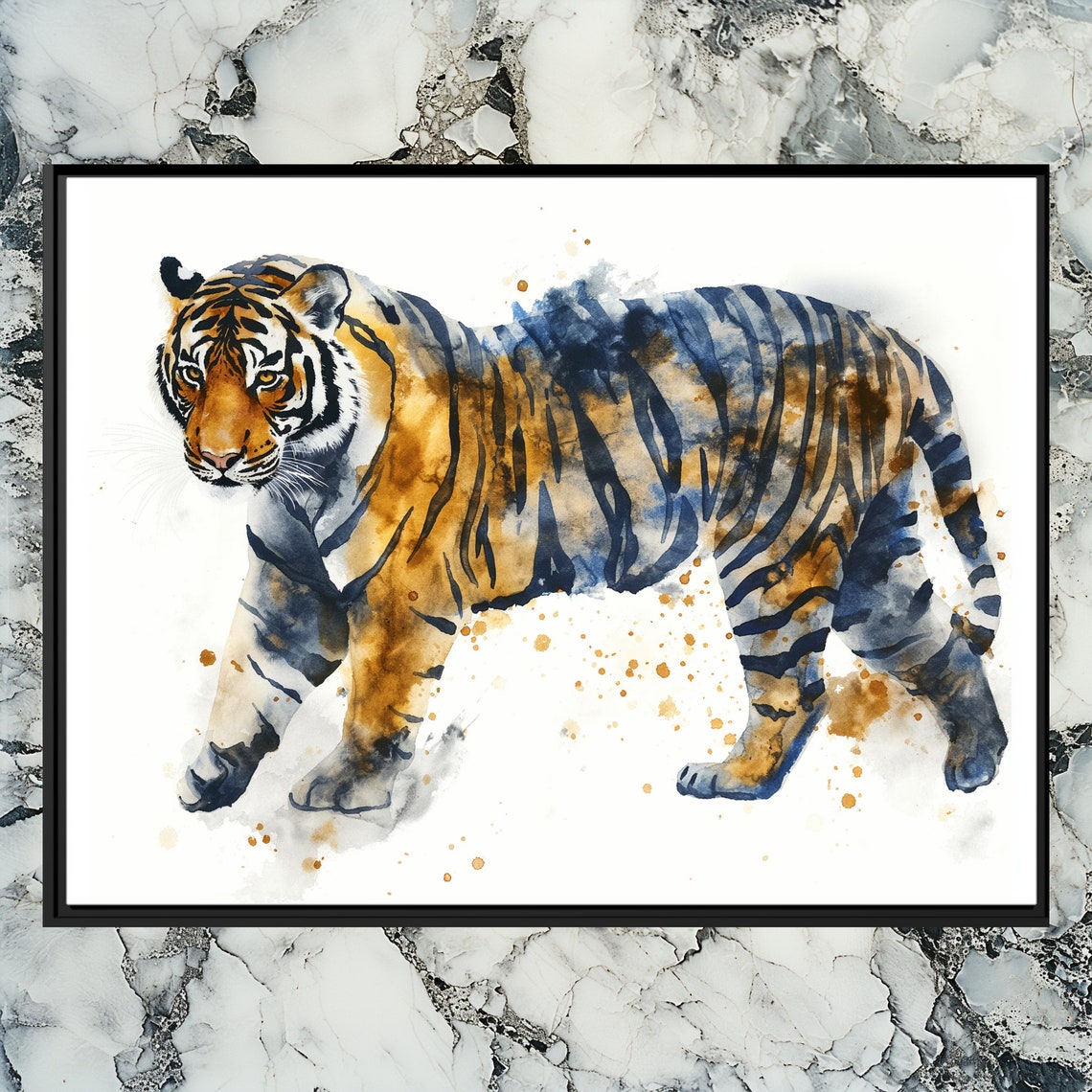 Tiger Walking Watercolor Blue Orange Splash Wildlife Animal Poster