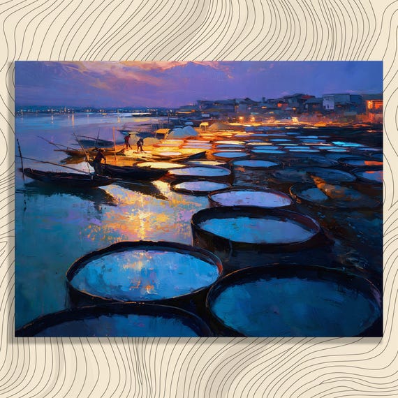 Coastal Sunset Canvas Wall Art Vivid Seascape Painting Reflections On Water Harbor Glow Twilight Fishing Wood Boats