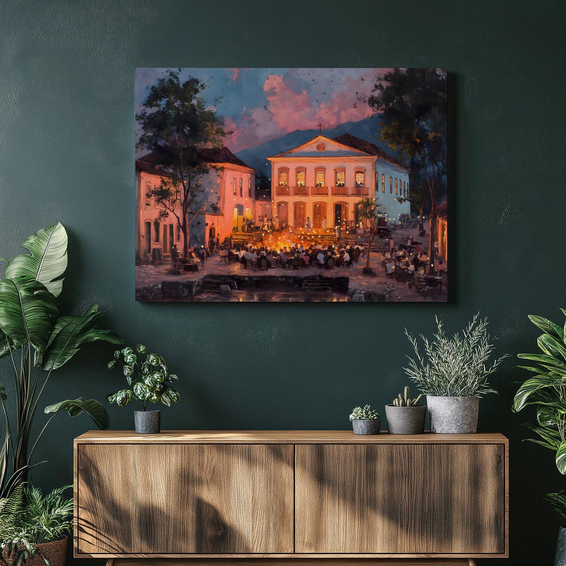 Colorful Town Square Canvas Wall Art Impressionist Sunset Historic Village Outdoor Dining Bonfire Lights Mountain Reflections Print