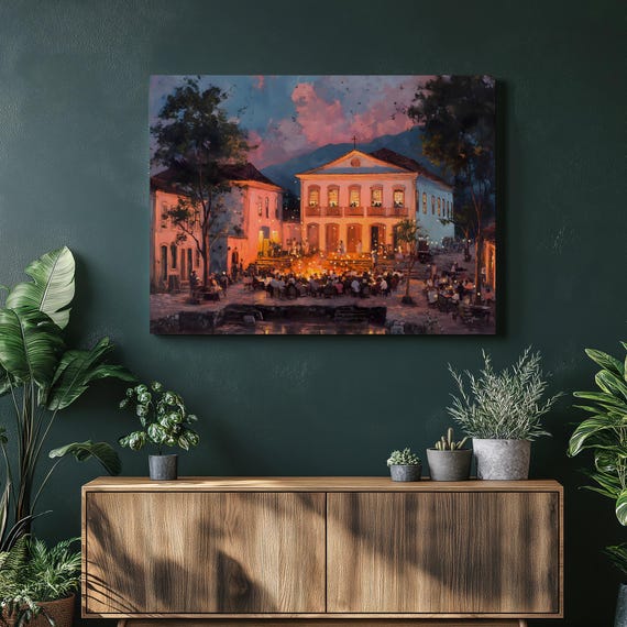 Colorful Town Square Canvas Wall Art Impressionist Sunset Historic Village Outdoor Dining Bonfire Lights Mountain Reflections Print