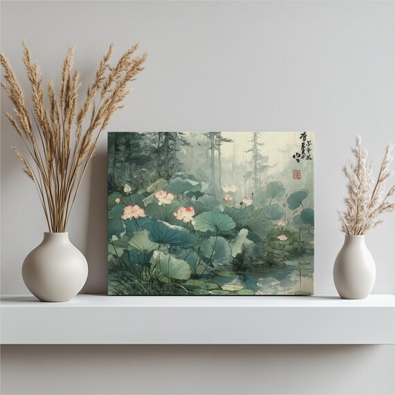 Pond Watercolor Canvas Wall Art Zen Botanical Print Asian Decor Ink Wash Painting Nature Tranquil Landscape