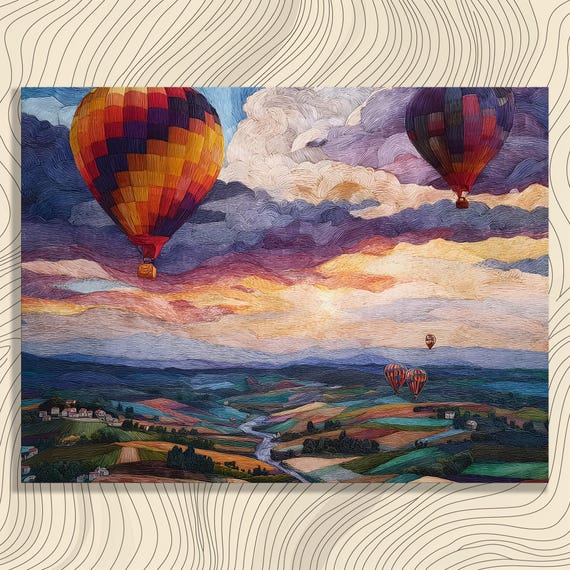 Hot Air Balloon Canvas Wall Art Colorful Sunrise Countryside Landscape Painting Print Rustic Farmhouse Decor River Hills