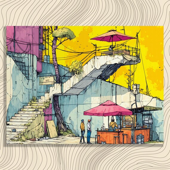 Vibrant Urban Canvas Wall Art Colorful Print Cityscape Prints Street Market Vendor Artwork Modern Architectural Design
