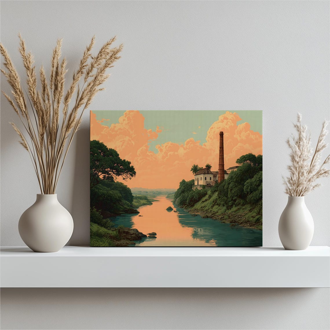 Tropical River Sunset Old Sugar Mill Chimney Church Village Art Poster