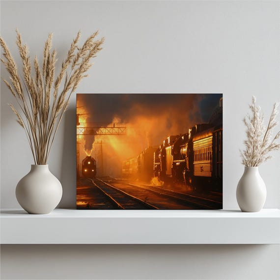 Vintage Steam Train Canvas Wall Art Golden Light Sunset Railroad Scene With Locomotive Industrial Decor Railway Print