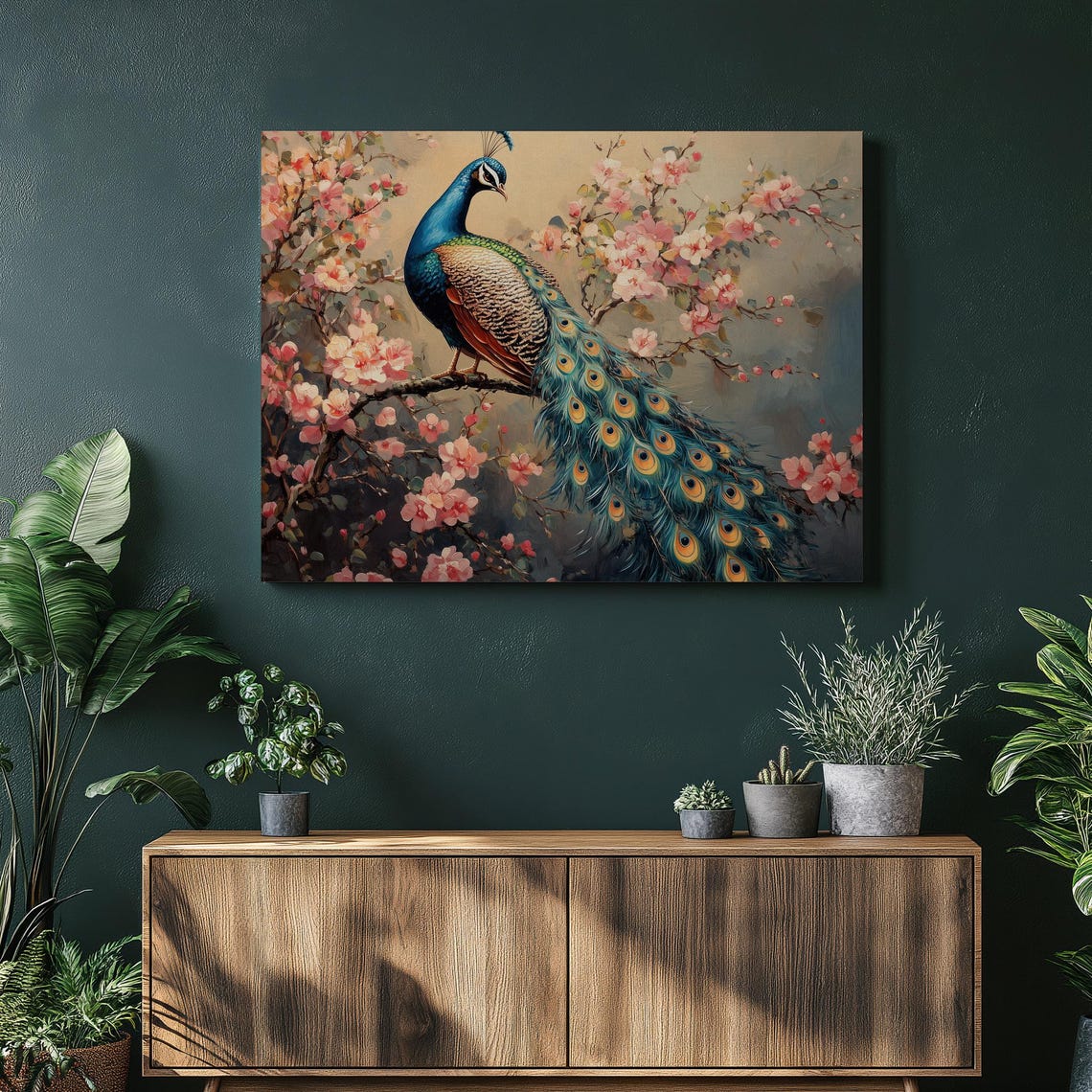 Elegant Peacock Standing On Blossom Branch Jewel Tone Art Poster