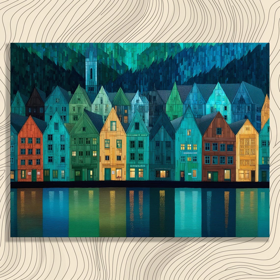 Colorful Harbor Houses Reflected on Dark Water at Night Poster