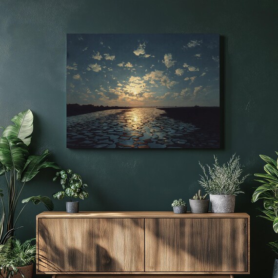 Coastal Sunset Golden Reflection Moody Dark Ocean Waves Poster