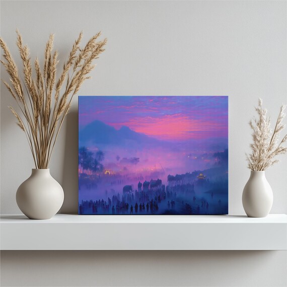 Elephant Sunrise Festival Canvas Wall Art Boho Tropical Landscape Lanterns Palm Trees Misty Village Scene Colorful Mountain Print