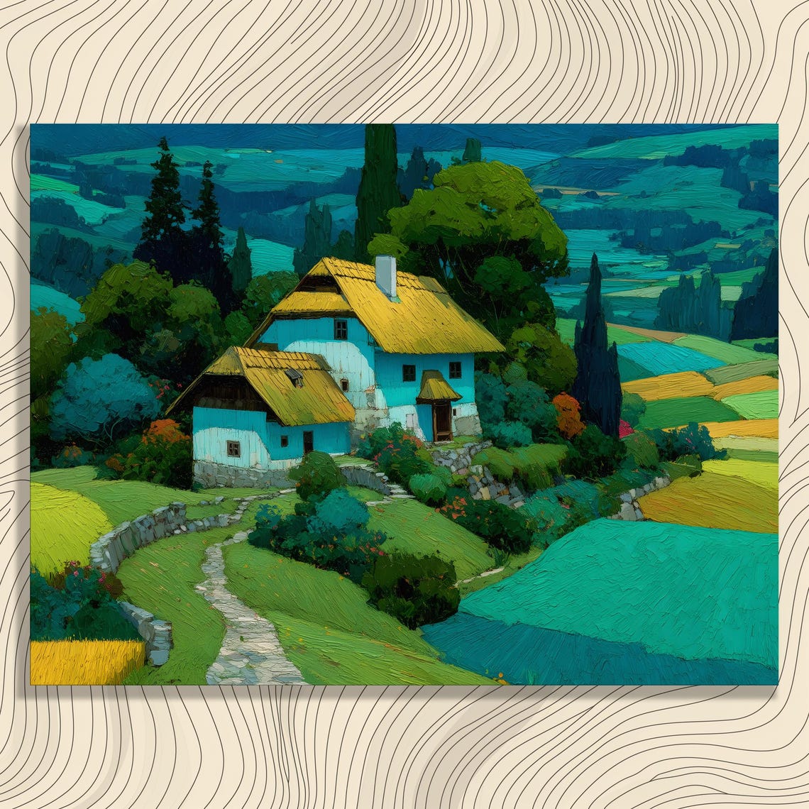 Blue Cottage In Green Countryside Farmhouse Landscape Painting Poster