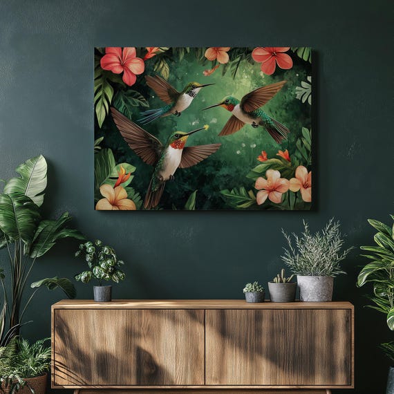 Hummingbird Tropical Flowers Canvas Wall Art Colorful Botanical Nature Print For Coastal Decor Living Room Bedroom Office