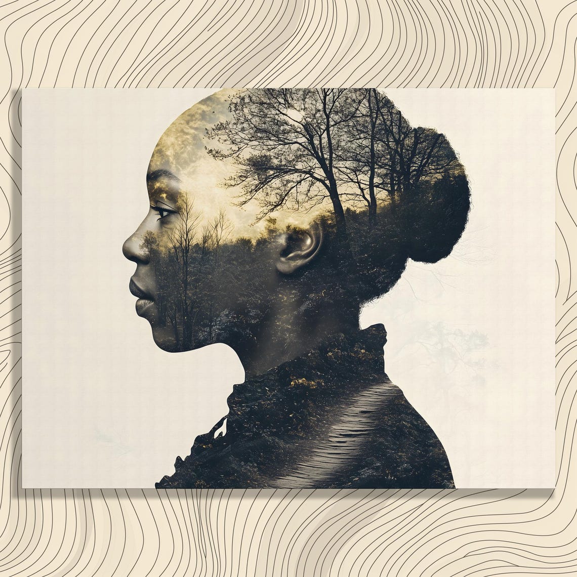 Double Exposure Woman Profile Forest Silhouette Golden Dusk Art Print