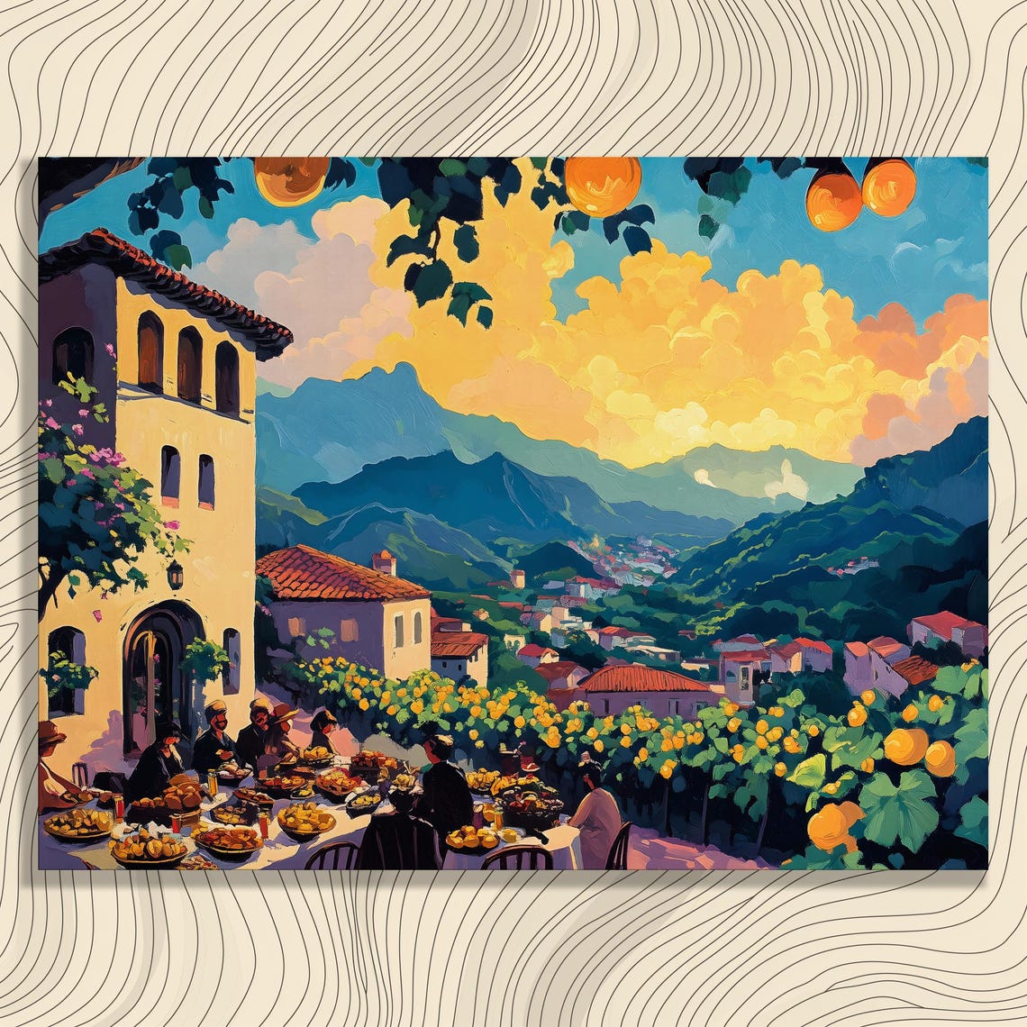 Mediterranean Harvest Feast Sunset Village Gathering Art Poster