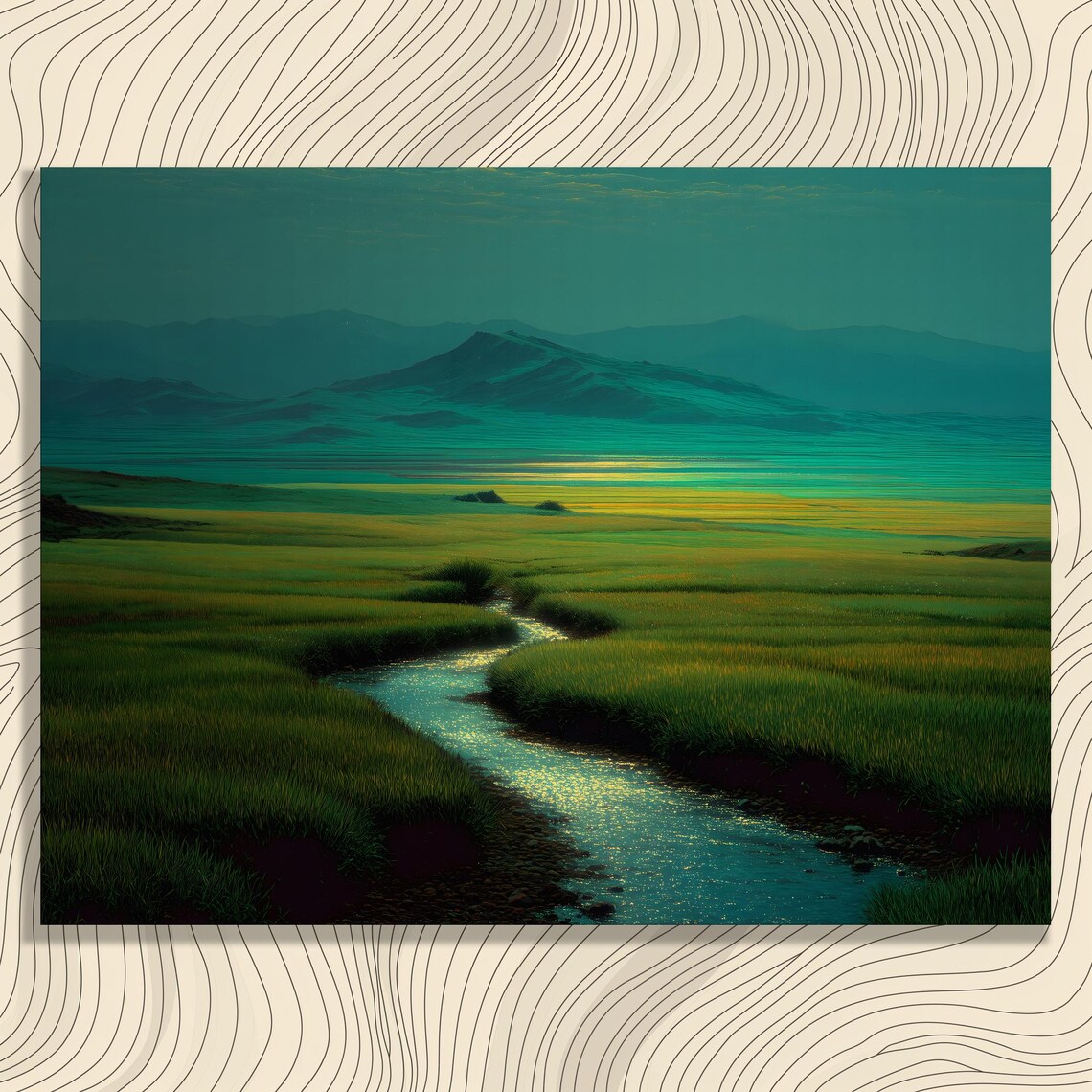 Emerald Meadow Stream Winding Through Green Hills Painting Poster