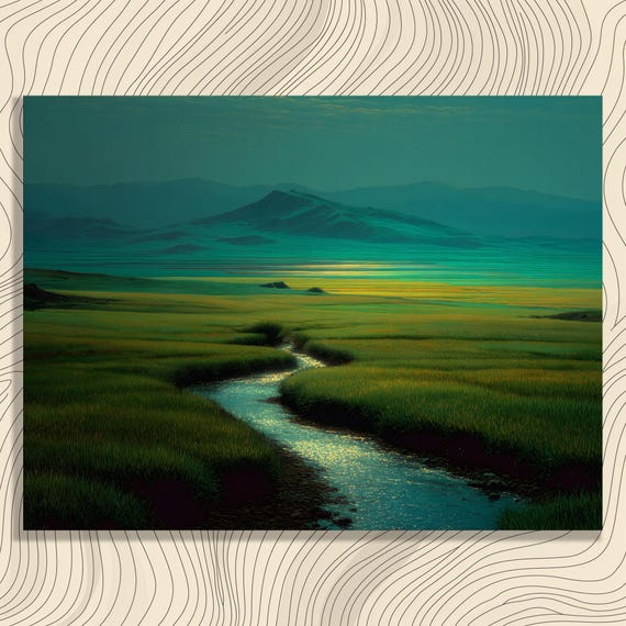 Serene Mountain Marsh Canvas Wall Art Lush Green Meadow Stream River Field Landscape Print Mural Nature Scenery Scene Decoration