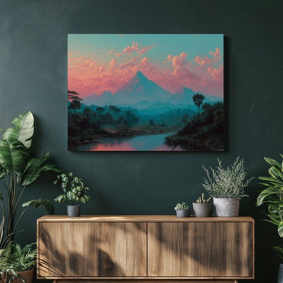 Tropical Mountain Sunrise Canvas Wall Art Colorful Surreal Landscape River Reflection Print Rainforest Painting Nature Decor Gift