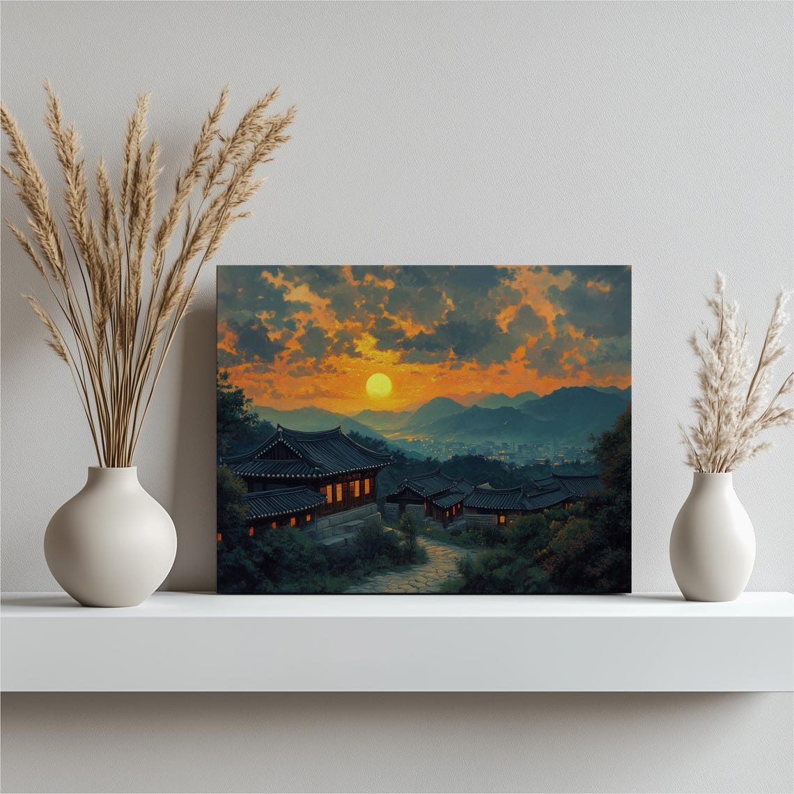 Golden Korean Temple Palace Sunset Mountain Painting Wall Art