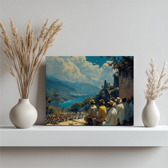 Haiti Tropical Bay Crowd Gathering Vintage Travel Style Art Poster