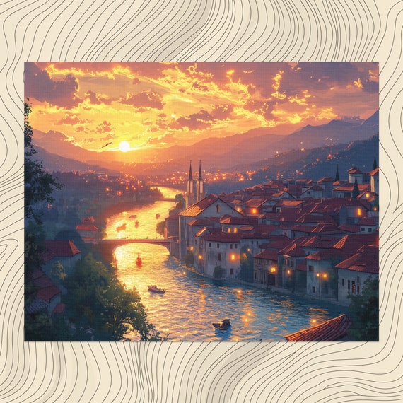 Bosnia And Herzegovina Canvas Wall Art Sunset Landscape High Detail Home Decor Illustration Resolution Print Vibrant