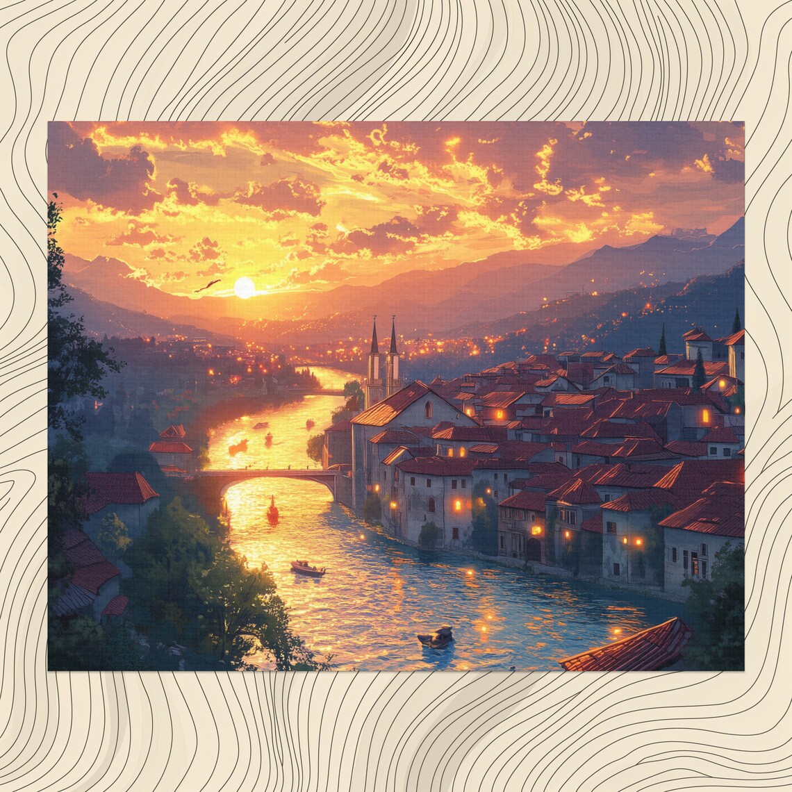 Bosnia Herzegovina River Town Golden Sunset Landscape Poster