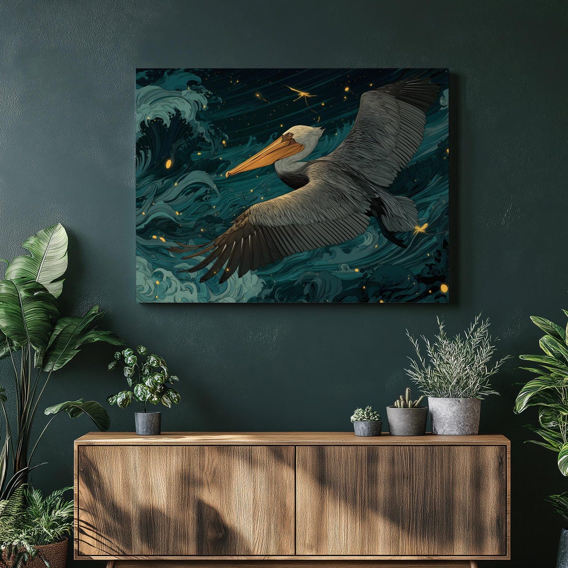 Pelican Flying Over Teal Ocean Waves Night Seascape Art Poster