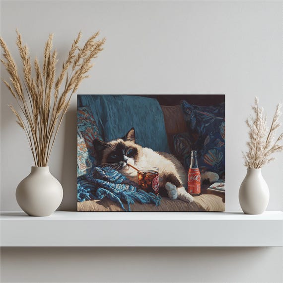 Pop Art Cat Canvas Wall Colorful Lounging Kitty On Sofa Sipping Soda Illustration Modern Playful Couch Blue Beige Gift For Lovers