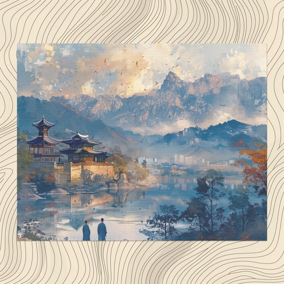 South Korea Canvas Wall Art Detailed Oil Paint Illustration Of Hanbok Dress Korean Palaces Nostalgic Elements High Resolution Poster