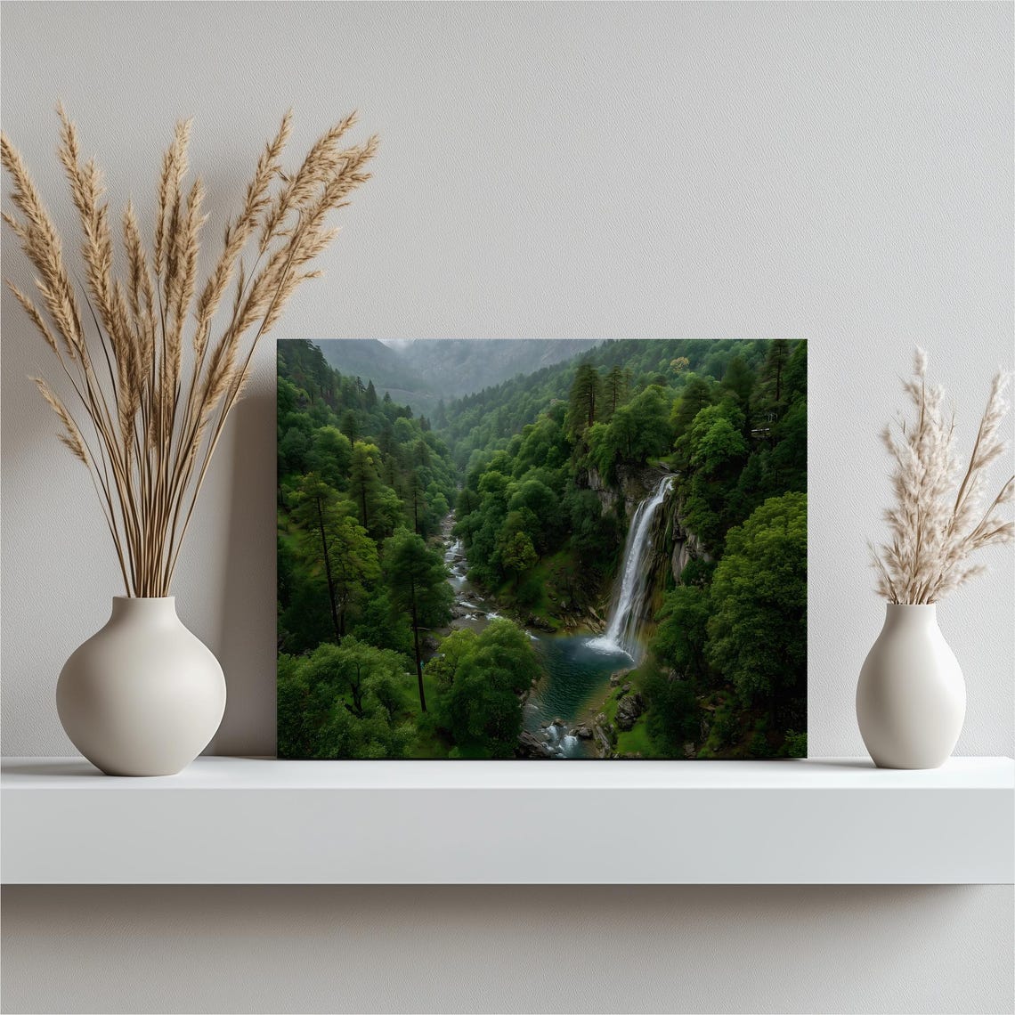 Waterfall Cascading into an Emerald Pool in a Green Forest Wall Art