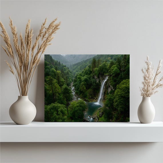 Forest Waterfall Canvas Wall Art Lush Green Landscape Scene River Mountain Misty Nature Print Decor