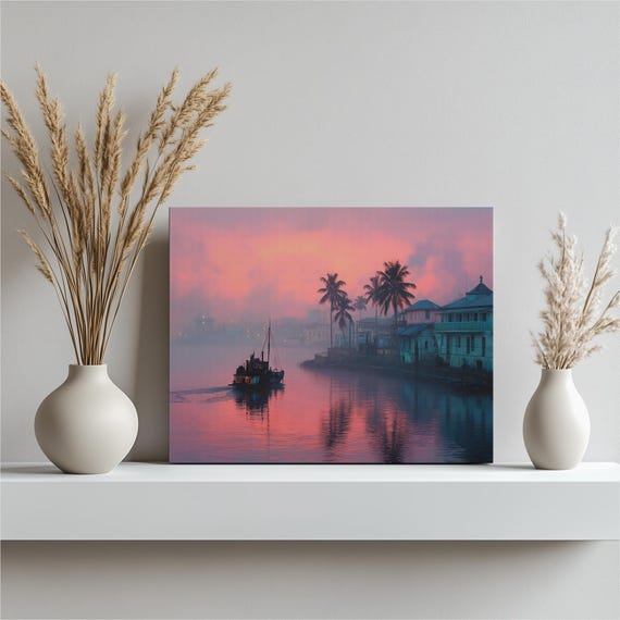 Tropical Sunset Boat Canvas Wall Art Coastal Fishing Print Palm Trees Sky Water Reflection Harbor