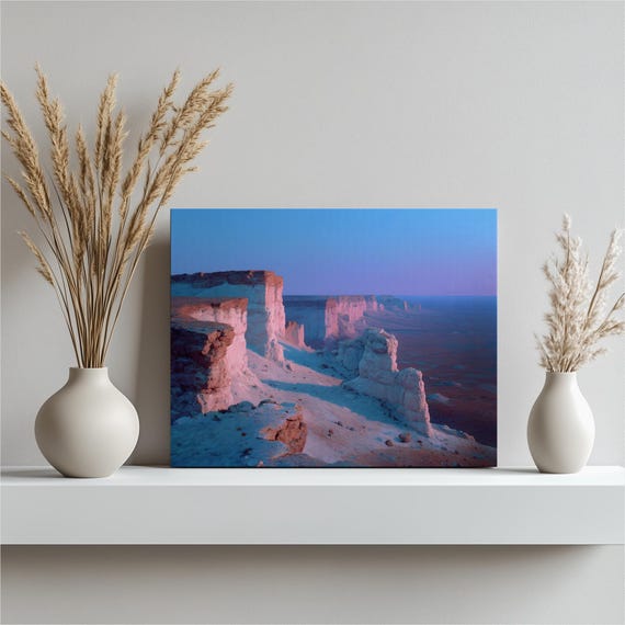 Desert Cliff Sunset Canvas Wall Art Pastel Canyon Landscape Print Modern Nature Decor Painting Pink Blue Sky Contemporary