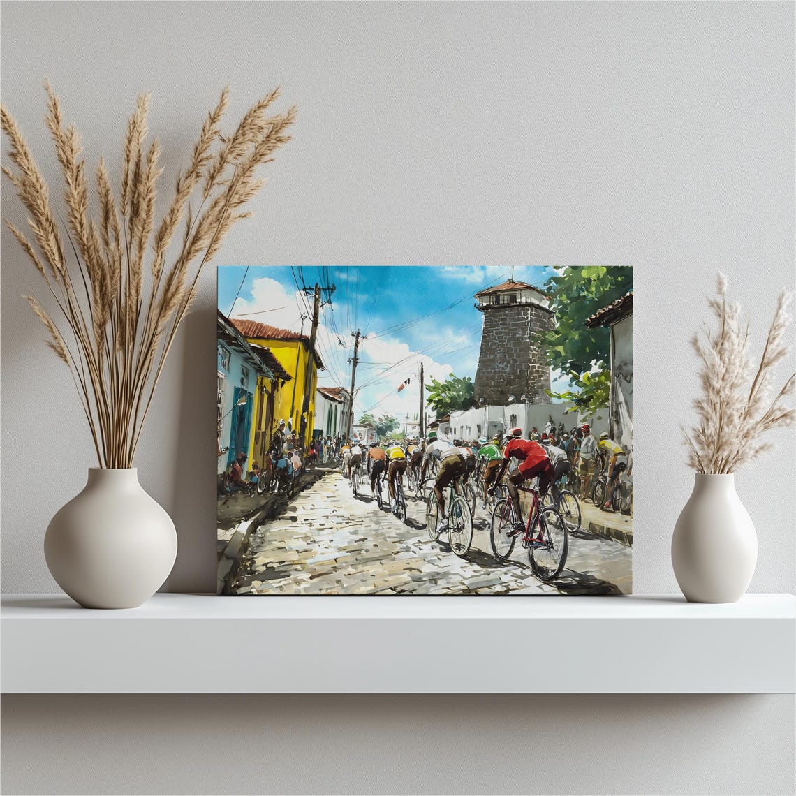 Bicycle Race Cobblestone Village Watercolor Cycling Sport Poster
