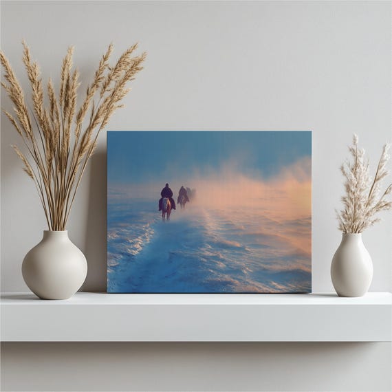 Snowy Horseback Riders Canvas Wall Art Minimalist Winter Landscape Sunrise Foggy Plains Rustic Style Equestrian Theme Nature Artwork