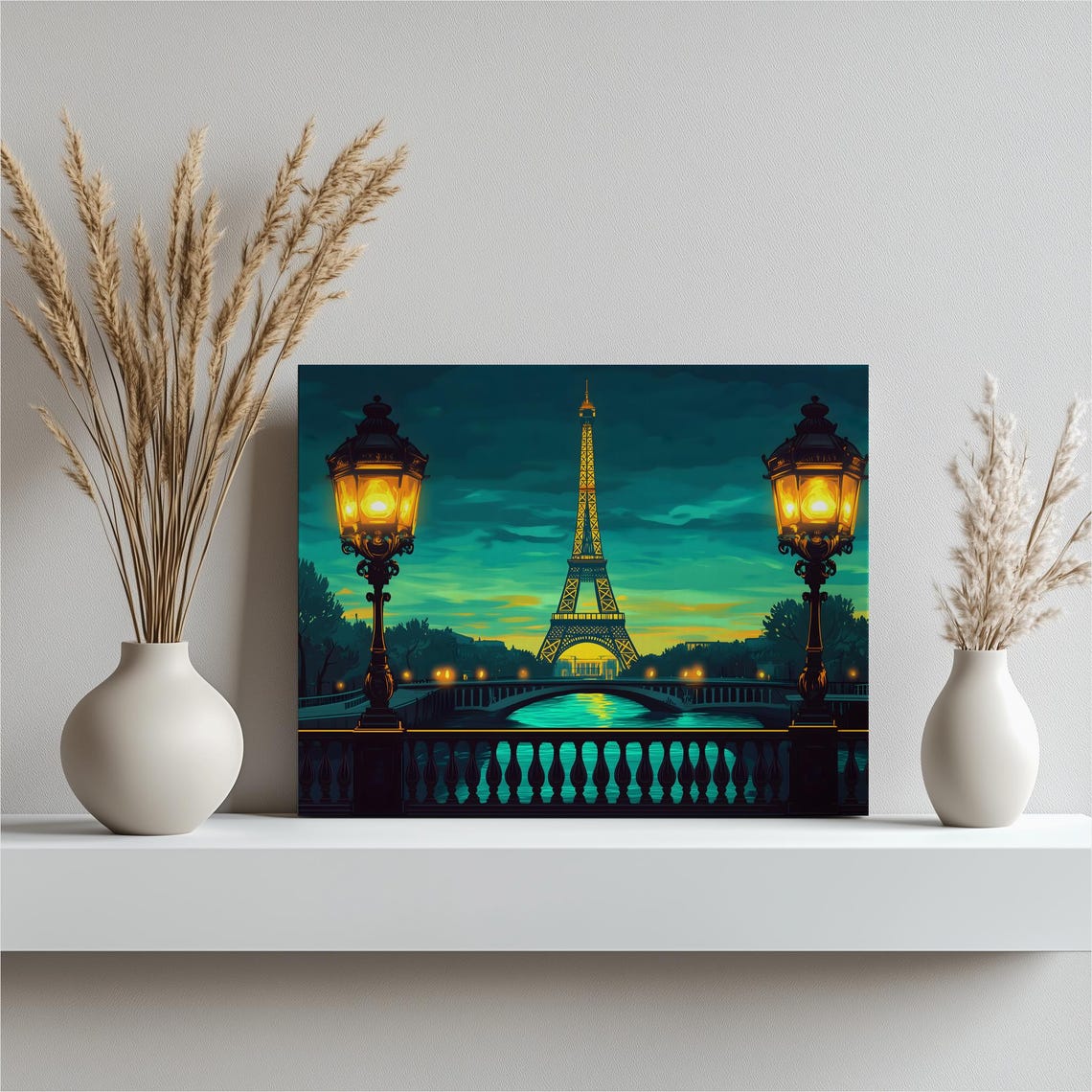 Eiffel Tower Paris Night Bridge Vintage Lamps Seine Cityscape Poster