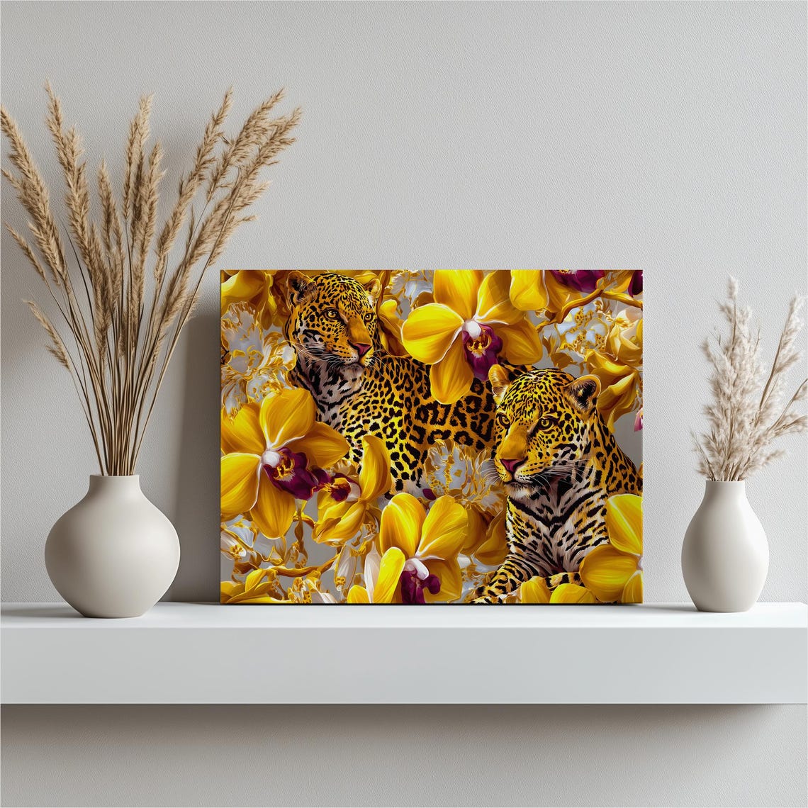 Two Leopards Among Golden Yellow Orchids Lush Wildlife Art Poster