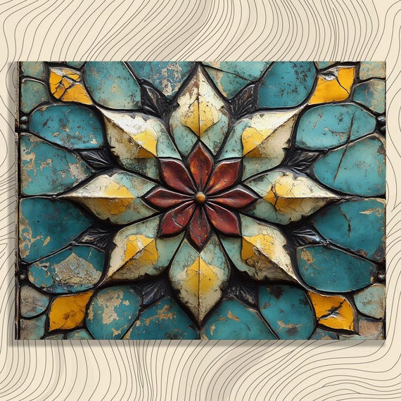 Moroccan Tile Mandala Canvas Wall Art Distressed Turquoise Floral Mosaic Pattern With Rustic Patina Boho Geometric Flower Print Decor
