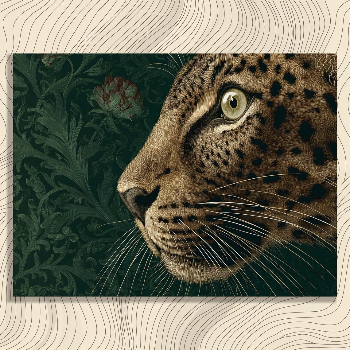 Leopard Close Up Portrait on Dark Botanical Background Poster