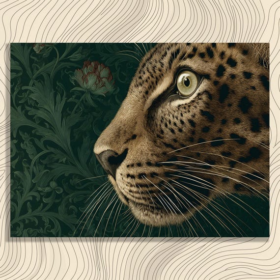 Leopard Botanical Canvas Wall Art Vintage Jungle Wildlife Portrait With Floral Wallpaper Inspired Greenery Illustration For Home Decor
