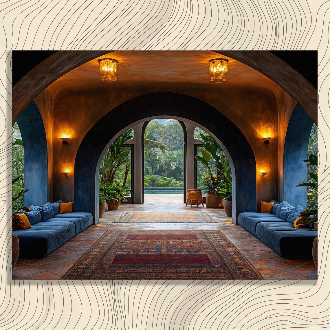 Luxurious Mediterranean Villa Stone Arches Blue Sofa Canvas Poster