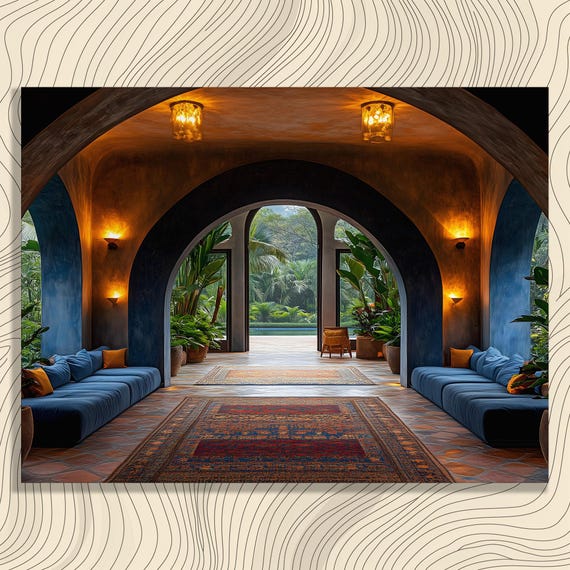 Luxurious Mediterranean Canvas Wall Art Vintage Rugs Tropical Plants Bohemian Eclectic Luxury Decor Architectural Print Design